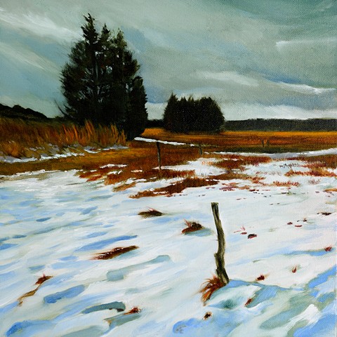 An oil painting of The Great Marsh at Little River Pasture behind Old Town Hill in Newbury, Massachusetts, near Newburyport, by Daniel Fionte