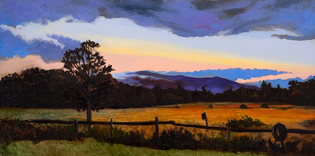 An oil painting of thunder clouds passing over the white mountains and lakes region of New Hampshire, painted from the memory of a drive through Moultonborough, New Hampshire.