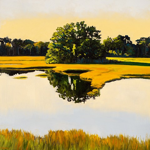 A landscape painting of a New England scene of the great marsh in Rowley Massachusetts, just beyond the Newbury town line, and not far from the small city of Newburyport, Massachusetts.