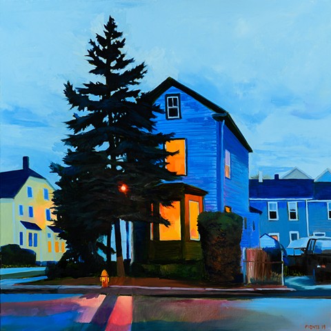 An oil painting of a night scene in Newburyport, Massachusetts.