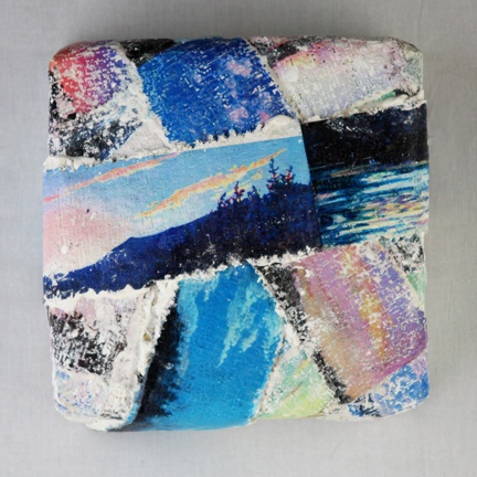 Mixed media--digital images of original acrylic landscapes printed on plaster bandage with text.