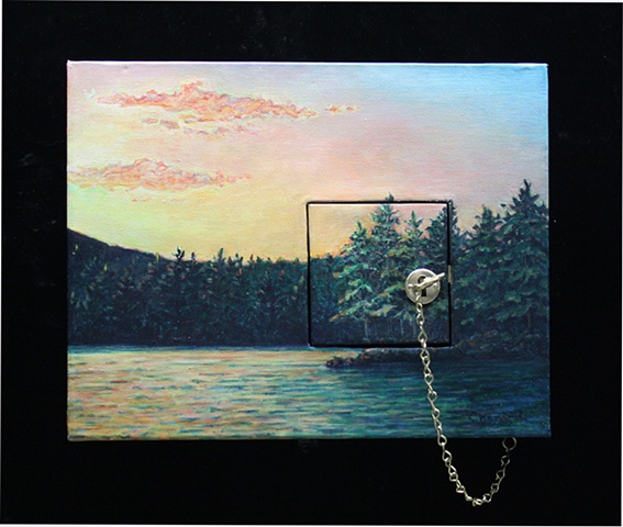 Acrylic landscape on canvas with inset hinged door with lock, key and chain.