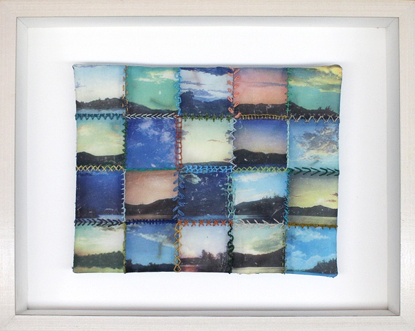 Mixed media--xerographic transfer of multiple original acrylic landscapes on stretched silk with embroidery floss in hinged and clasped box frame.