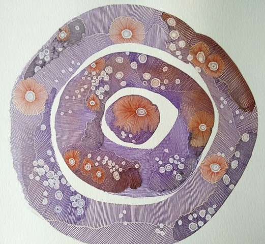 An abstract painting and drawing with watercolor fields of brown, orange and violet arranged in three concentric circles.  Black and white inks are superimposed to create texture.