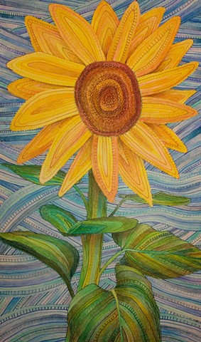 One sunflower against a blue sky, with ink lines patterning the surface, covered by blended colored pencil