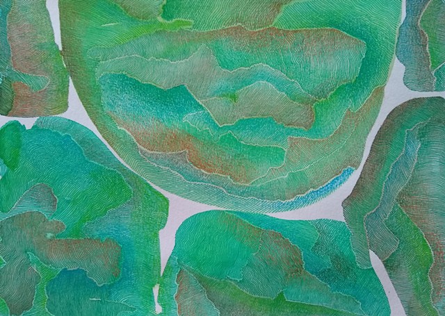 Abstract art painting and drawing.  Color fields mainly of green watercolor, with some blues and browns, superimposed close set green and blue ink lines, creating texture within the work.  Highlights of brown, green, and blue colored pencil for movement a