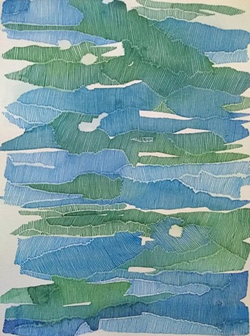 Blue and green watercolor areas marked and textured by close set blue and green ink lines