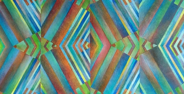 Abstract art featuring mirroring and reflections, with angles, triangles and lines, with gradations of color, predominantly blues, greens and browns.
