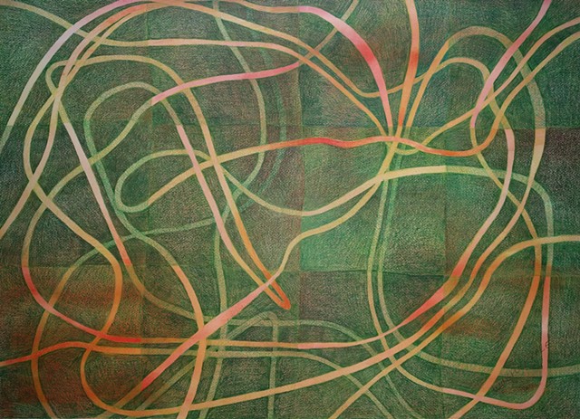 Abstract, non-representational colored pencil drawing on watercolor wash, featuring fluid lines crossing a gridded green background