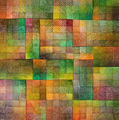 Grid based abstract non-representational design using cross-hatching and color gradation.  Greens, Browns & Oranges