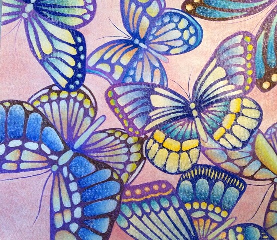 Abstracted butterflies on a pink background with blues, yellows, violets, and browns