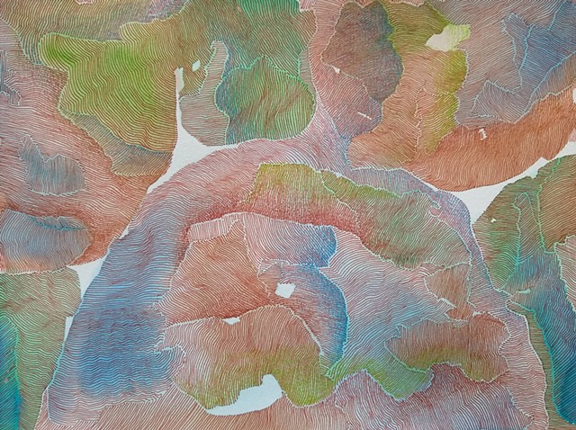 Abstract art painting and drawing.  Color fields of brown, green, and blue watercolor, with superimposed close set brown ink lines, creating texture within the work.  Highlights of brown, green, and blue colored pencil for movement and direction.