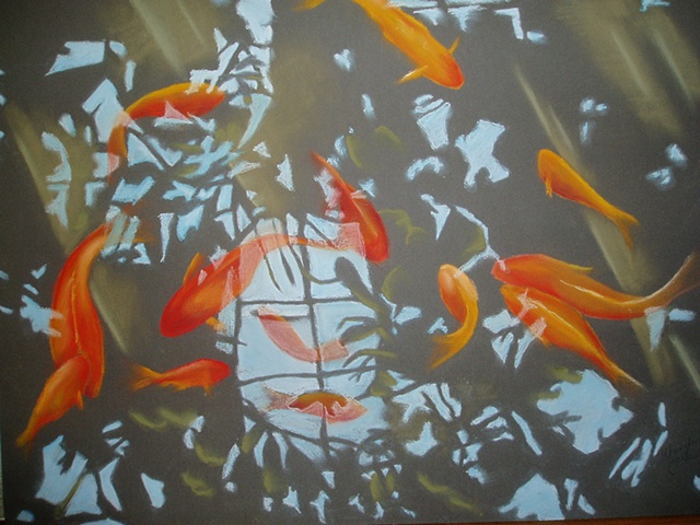Koi in reflecting pool - Pittsburgh Conservatory.  Pastels on brown Canson paper.