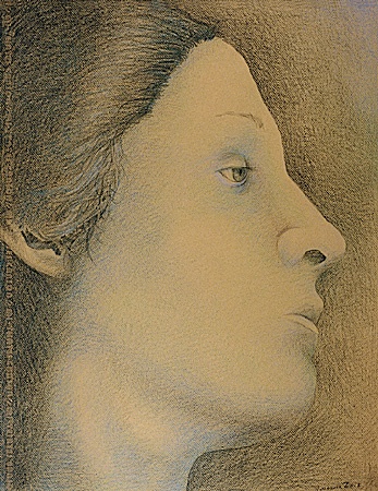 Prismacolor drawing of a woman in side view on Canson dark beige paper.