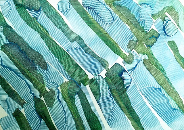 Blue and green watercolor areas marked and textured by close set black and white ink lines.