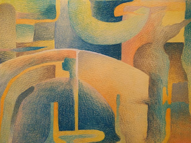 Abstract landscape colored pencil drawing over watercolor wash, primarily in blues, oranges and yellows. 