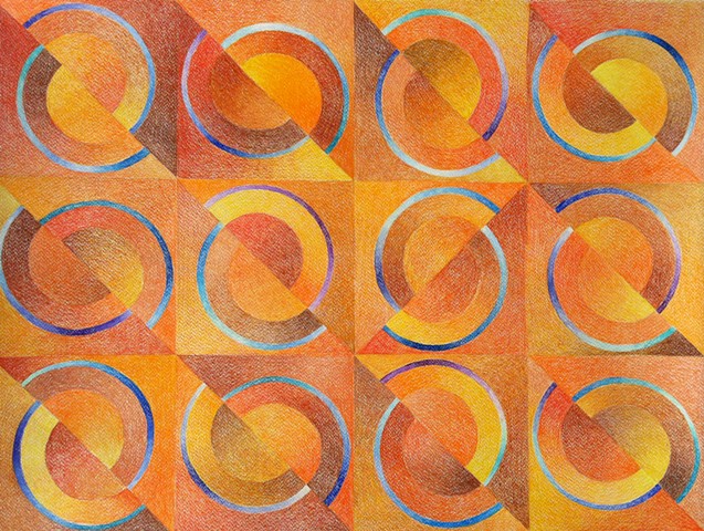 Geometric abstract with half circles placed in a grid.Dominant colors oranges and browns, with highlights of blues and violets.
