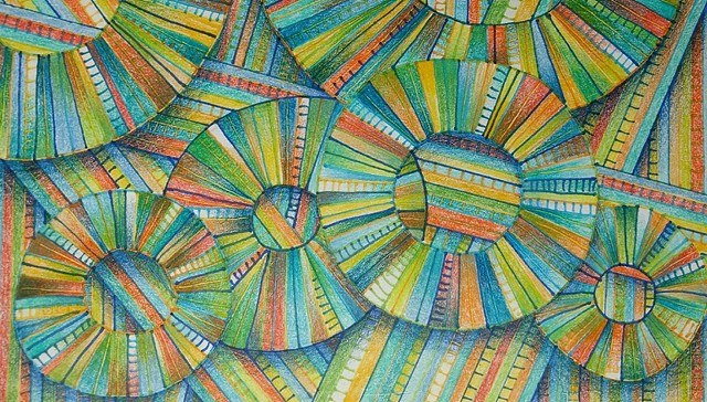 Non-representational abstract featuring circles and linear elements  Many colored.