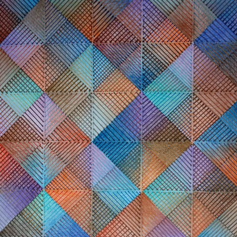 Diagonal Grid with Linear Fill with Superimposed Colored Pencil Shading in Blues, Violets, Browns and Oanges