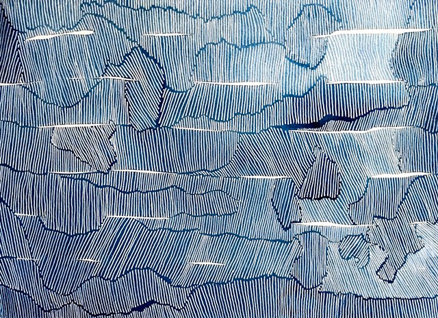 Textural study of lines within contour lines.  Blue watercolor and white ink.
