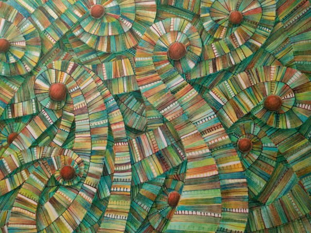 Abstract and colored pencil drawing consisting of lines, spirals, and circles in greens and browns.