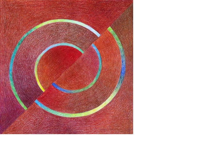 Geometric abstract with concentric circles in primarily reds and browns with accents of blues and greens.