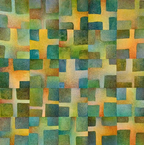 Non-representational drawing in grid form, with green as the predominant color  