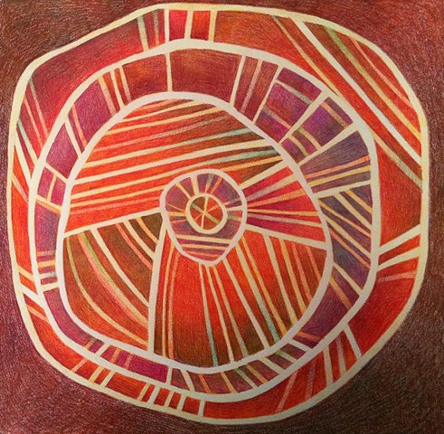 Concentric circular forms with radiating lines in warm orange, brown and violet tones