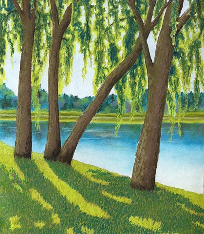 Landscape with willows casting long shadowsLandscape with willows casting long shadows.  Predominant colors are blues,aquas and greens. Pastels on white Canson paper.