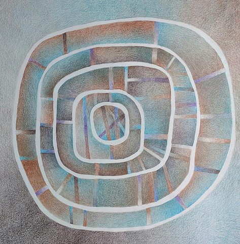 Concentric circular shapes with various radiating lines  Predominant colors are purples, browns, blues and grays.