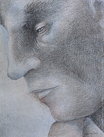 Prismacolor colored pencil portrait of a man in profile view, done in blues, browns and black on white Canson paper.
