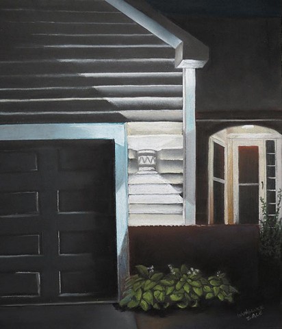 A suburban house at night with lit front door. Pastel on black Canson paper.