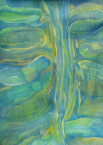 Abstract in blues and greens with central linear area on natural Arches paper.
