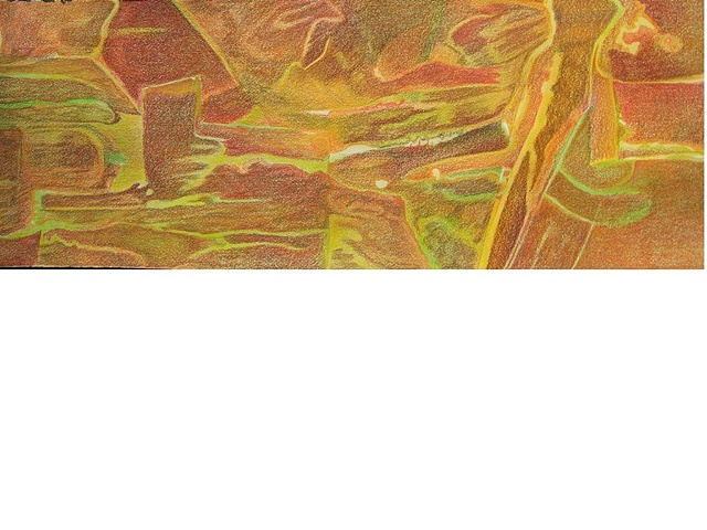 Prismacolor colored pencil drawing of abstract landscape in warm tones on natural Arches paper