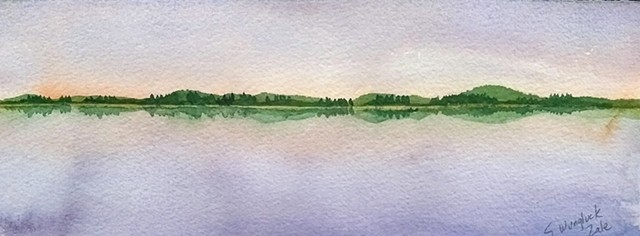 Watercolor landscape, shoreline at sunset, violets and greens