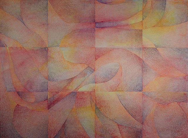 An abstract arranged in a grid of 12 squares.  The design is based on a photo of a peony.  The work is predominantly warm tones: reds, oranges, and yellows, with some browns and purples.