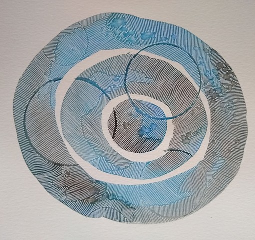 An abstract painting and drawing with watercolor fields of brown and blue, arranged in three concentric circles.  White ink is superimposed to create texture and movement.