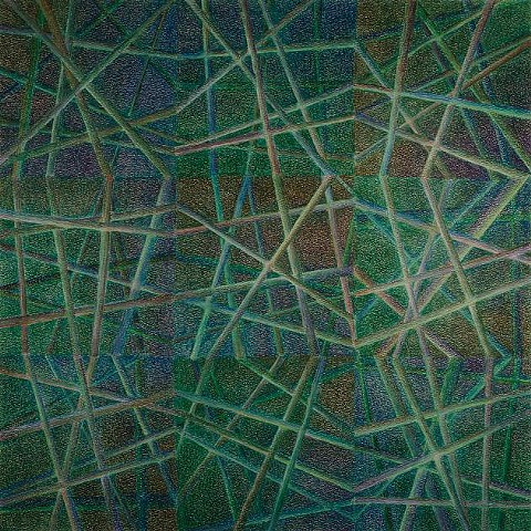 Abstract arranged in a grid of nine squares, with multiple lines passing through each square.  Predominant color is green, with some blues and browns.