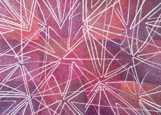 Abstract colored pencil drawing of angled lines organized within a grid.  Reds, oranges, purples and browns dominate, on natural Arches paper