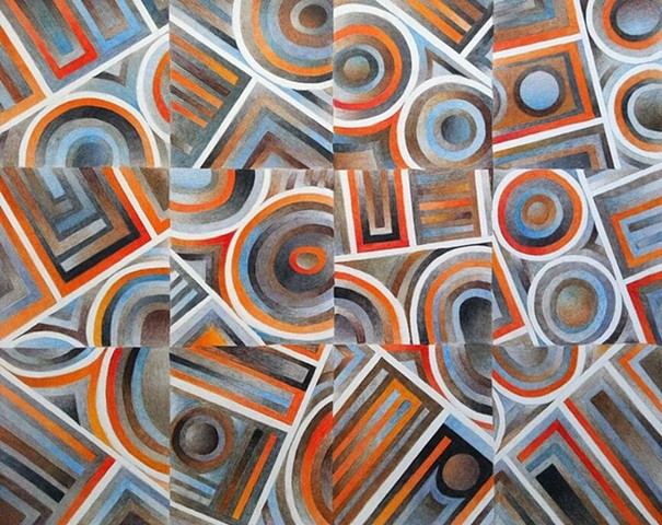 Abstract colored pencil drawing of circular and angled line segments, organized within a grid, with browns, grays, oranges, and blues dominant, on bristol paper