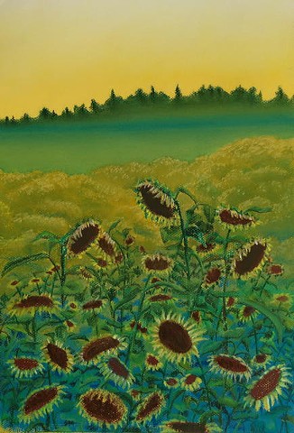 Sunflower Field at Sunset, predominantly yellow and green, with some blues and browns, pastel on yellow Canson paper.