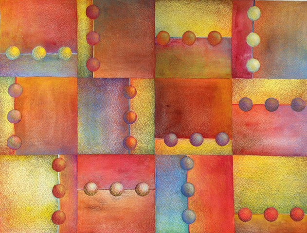 Abstract geometric piece organized in a grid, containing circles in groups of threes, done in watercolor and colored pencil