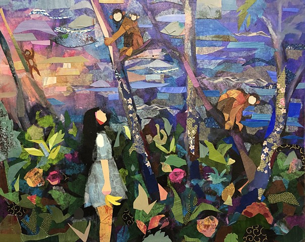 figurative painting, girl, collage, monkeys, forest, flowers, trees, acrylic painting, fine art, contemporary art