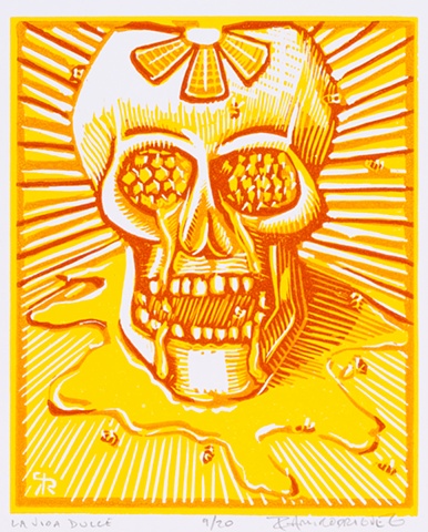 skull, bees, honeycomb, print, relief, reduction, linoleum, Ramiro Rodriguez
