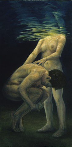Nude male and female figures underwater. Male curved into a fetal position with woman's hands on back.