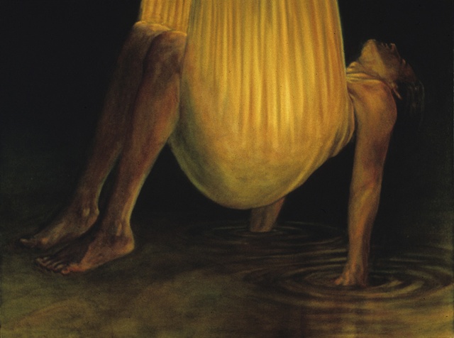 Figure suspended in cloth sling dangles above water