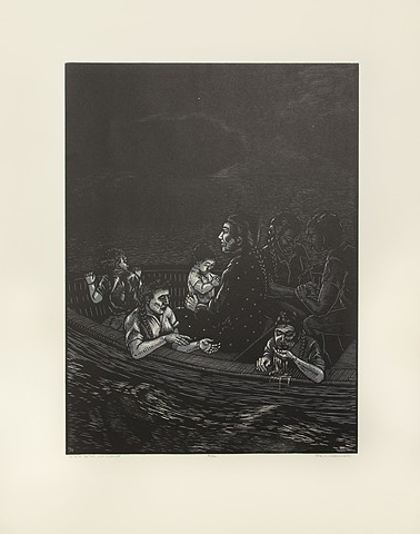Nocturnal scene of a family in a boat and a young woman drinking water over the edge of the boat..