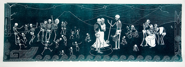 various skeletons enjoy a party, wedding, family and dancing