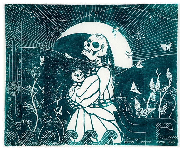 female skeleton in butterfly shawl holding baby skeleton in front of the moon