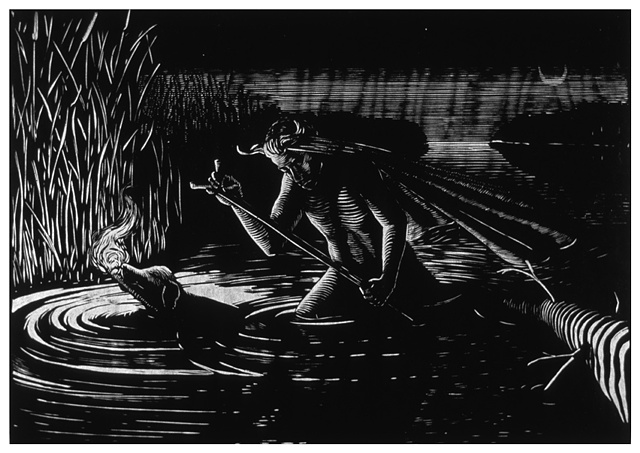 nude man with cloth tied to head walks through a marsh with a black dog with torch in mouth